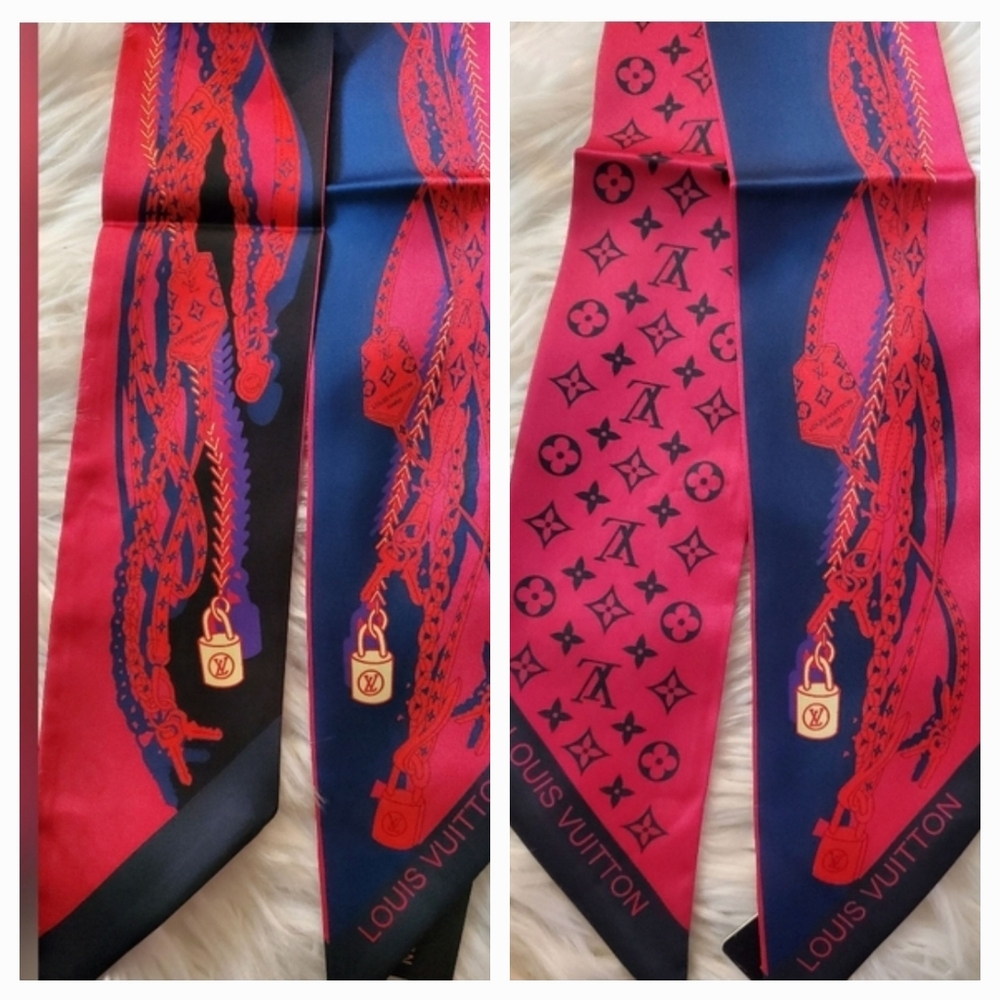100% Silk Bag Twilly, Haairtie, Red and Blue Silk Scarf, Set Of 2-FIRM PRICE